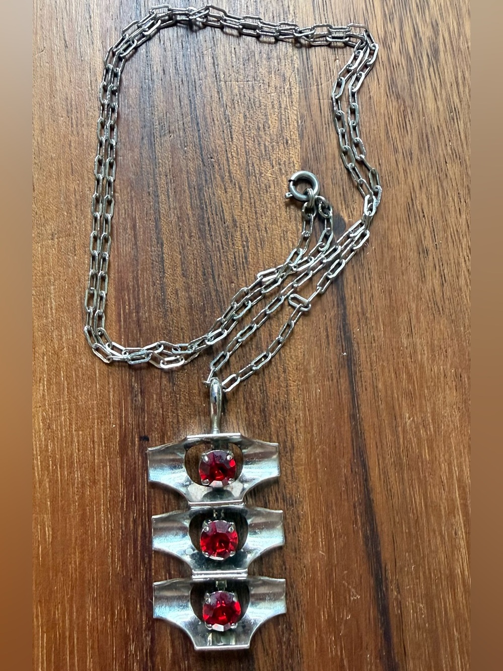 Vintage Silver Tone Necklace with Red Rhinestones Modernist Traffic Light 🚦